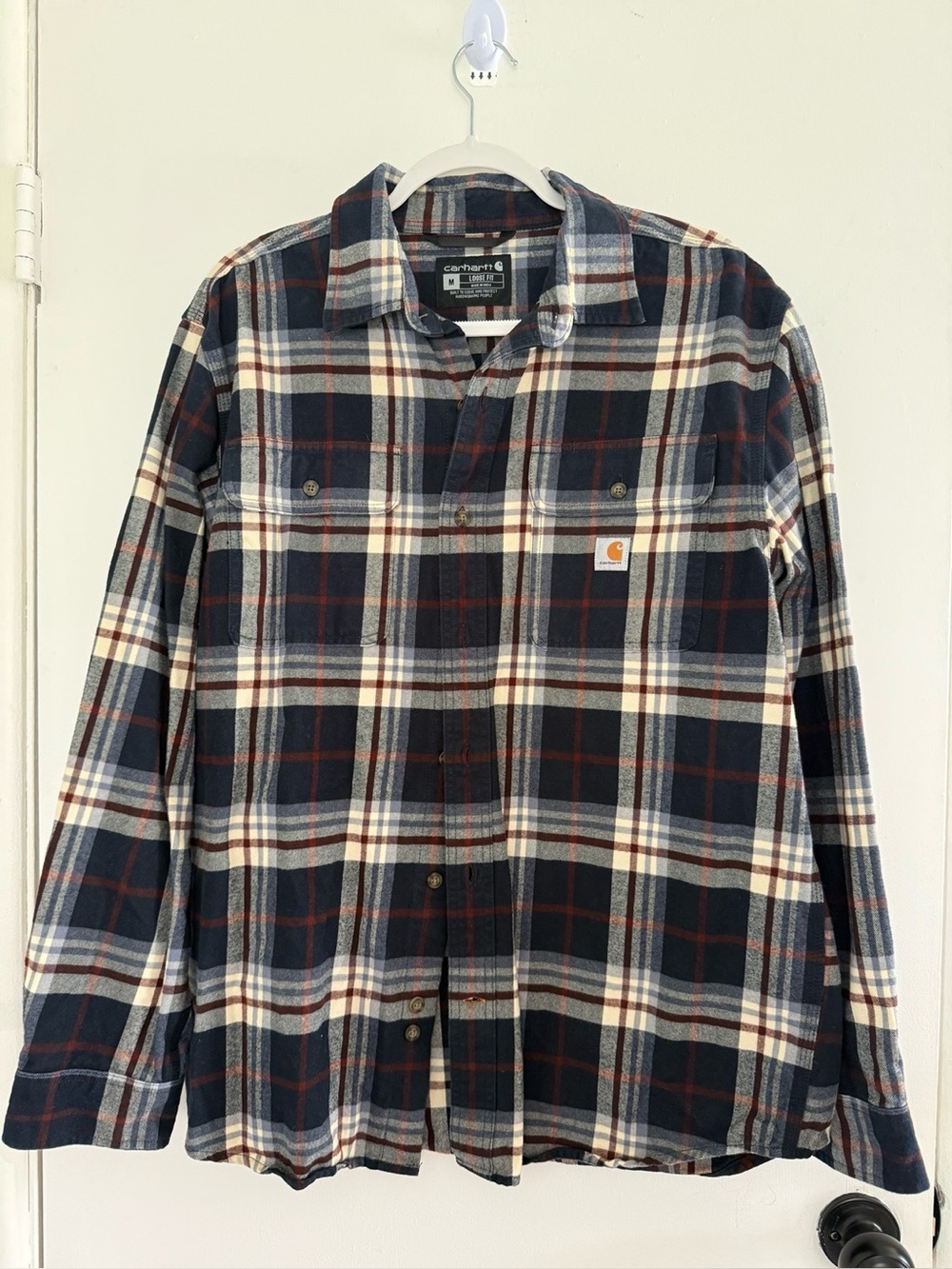 Carhartt Men’s M Loose Fit Heavyweight Plaid Flannel Shirt Navy Brown 105078